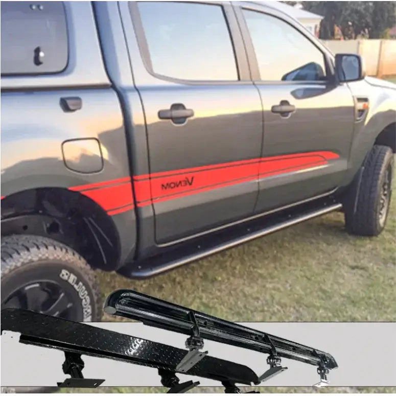 Gray pickup truck with red stripe showcasing Rockarmor Steel Rockslider Side Steps with steel checker plate