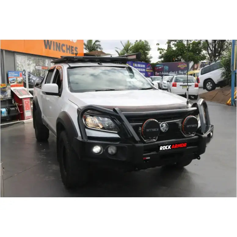 White pickup truck with elite steel bullbar and black bull bar for Holden Colorado