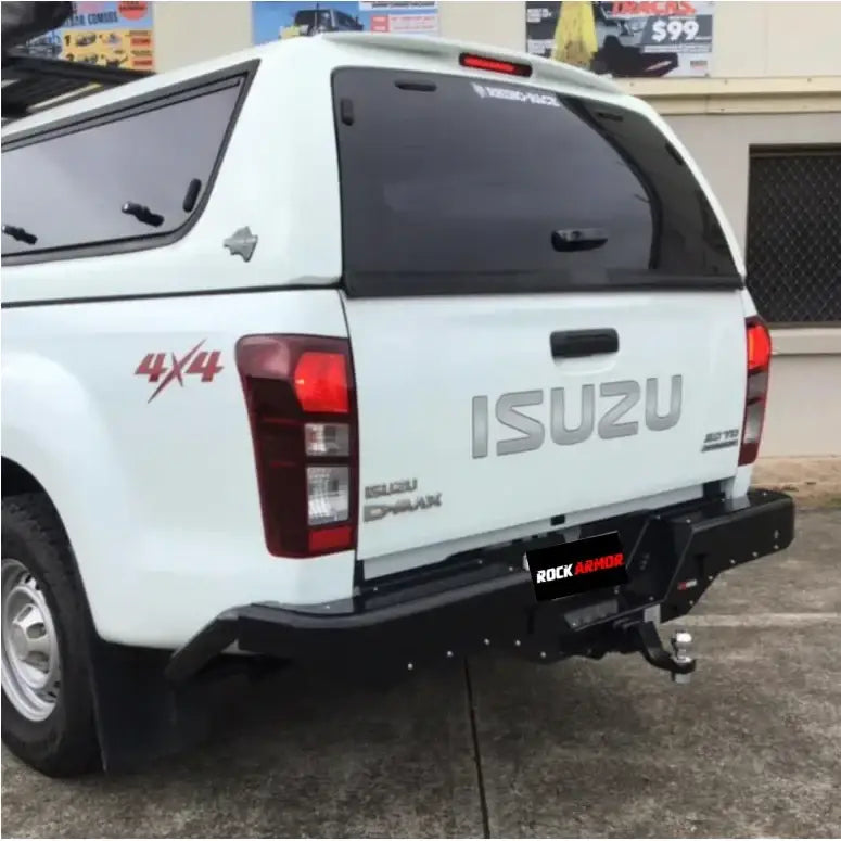 White Isuzu D-Max showing rockamor elite steel rear step and towbar designed as steel rear step for Mazda Bt50 2011-2020