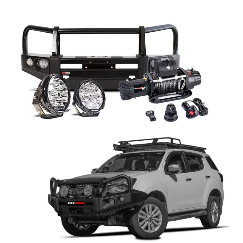 Rockarmor elite bullbar frontal combo in black steel with synthetic winch rope and driving lights for isuzu mu-x 05/2012 - 07/2021