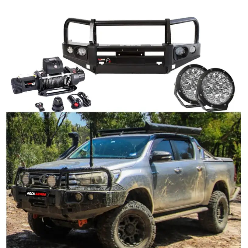 Rockarmor elite bullbar frontal combo for Toyota Hilux 2015-2020 with synthetic winch rope in black steel