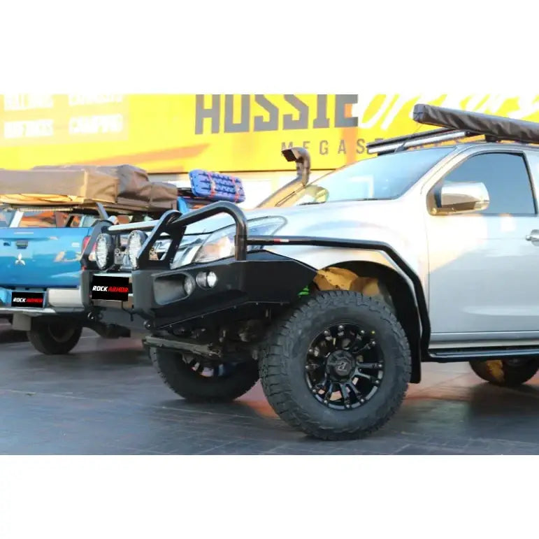 Off-road modified pickup trucks fitted with rockarmor elite steel bullbar suit isuzu dmax 2017 to 2020 model