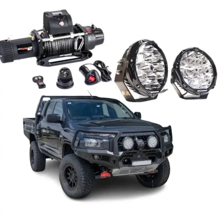 Front view of black rockarmor gt hoop bullbar combo pack with synthetic winch rope for mitsubishi mv triton 2024