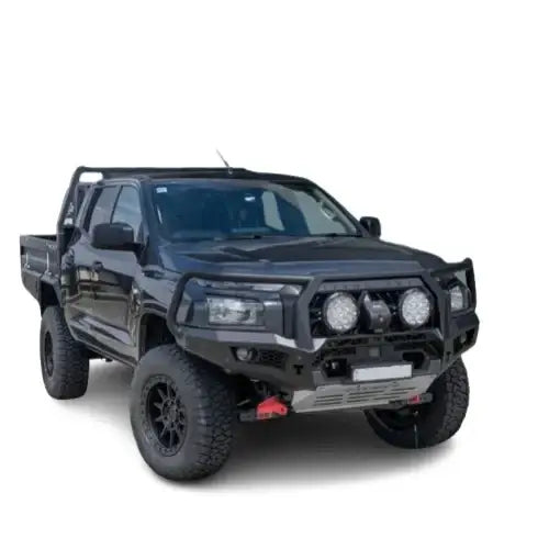 Black Mitsubishi mv triton pickup truck with rockarmor gt hoop aftermarket bumper featuring synthetic winch rope