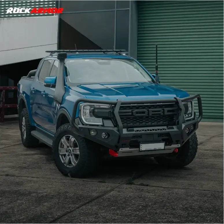 Blue ford ranger with rockarmor gt steel hoop bullbar combo pack designed for ford everest next gen 2022 plus