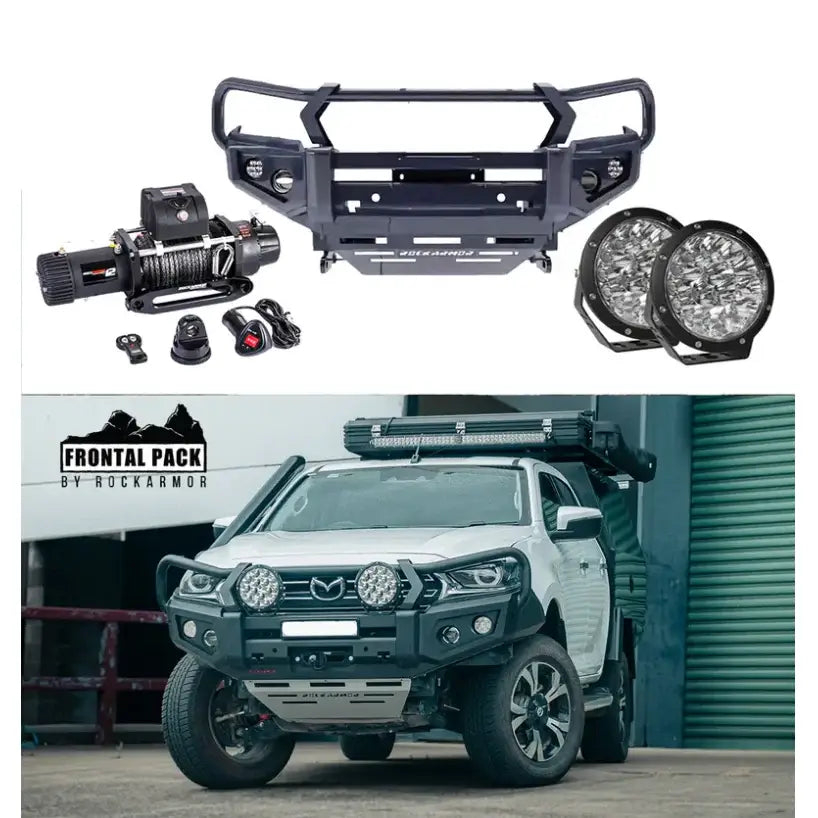 Off-road vehicle frontal pack featuring rockarmor gt steel hoop bullbar combo for Mazda Bt50 2020 plus in steel
