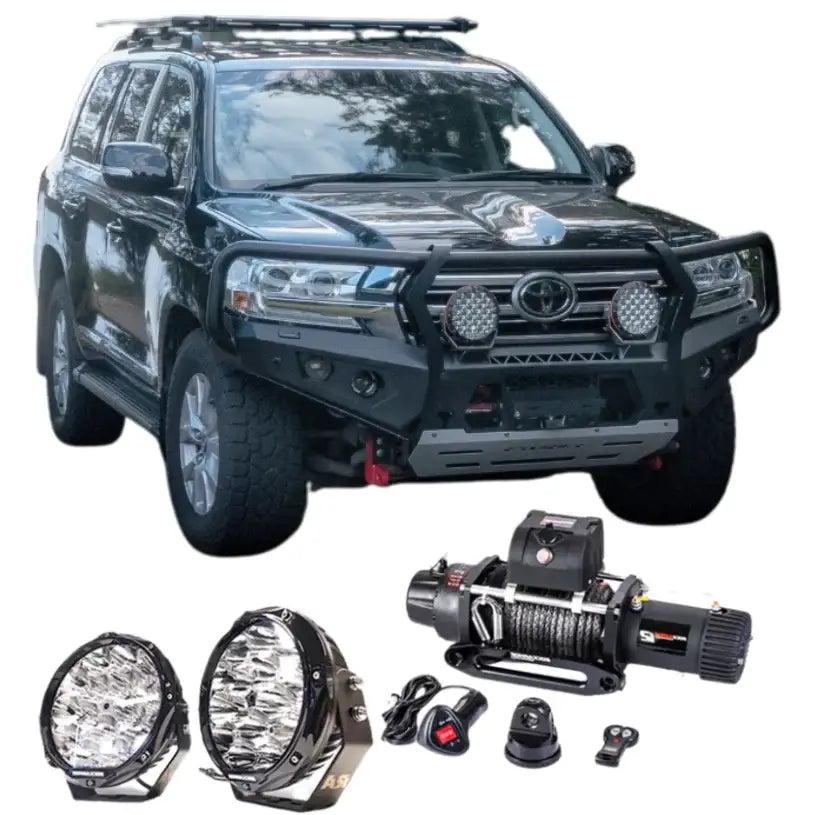 Black Toyota 200 2015+ off-road vehicle equipped with rockarmor gt steel hoop bullbar and synthetic winch rope accessories