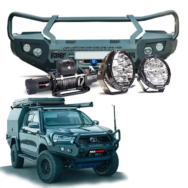 Rockarmor gt steel hoop bullbar combo pack in black steel for toyota hilux 2020-2025 with synthetic winch rope features