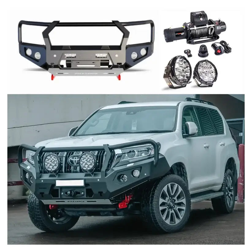 Rockarmor gt steel hoop bullbar combo pack in black steel with synthetic winch rope for toyota prado 150 series 2018+