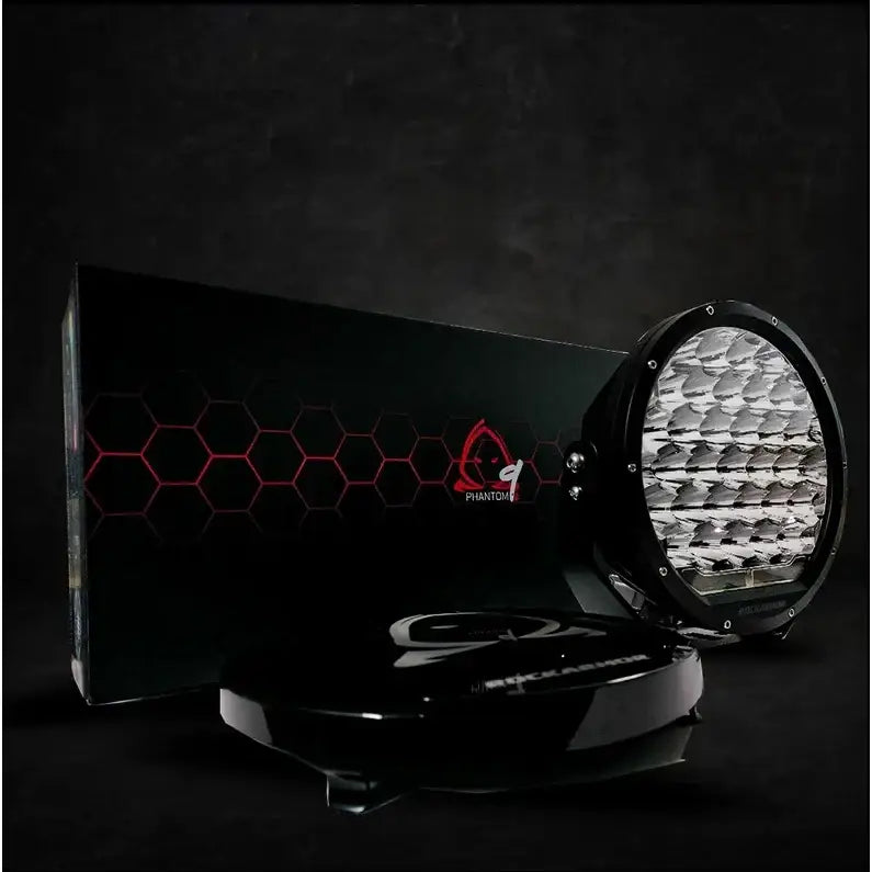 Rockarmor phantom 9inch round led driving light with durable black housing and packaging for off-road use