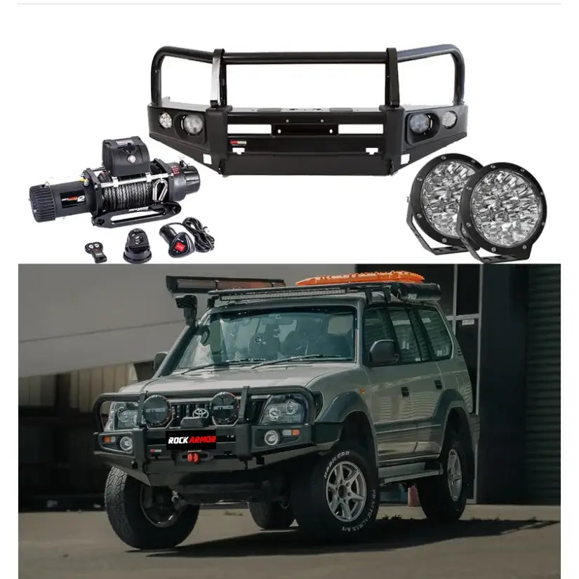 Rockarmor premium bullbar frontal combo for toyota prado 90/95 1996-2002 with synthetic winch rope and durable steel construction