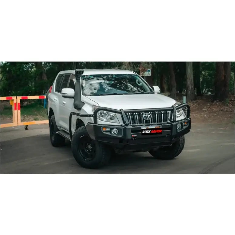 Silver off-road vehicle with black premium steel bull bar and fog lights for Toyota Prado