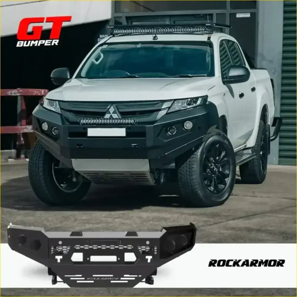 Black Rockarmor front bumper for Mitsubishi Triton pickup truck Featuring GT hoopless bullbar and rock sliders