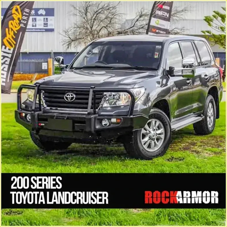 Black toyota landcruiser 200 series with rockarmor front bumper and alloy wheels from the rockarmor rock pack