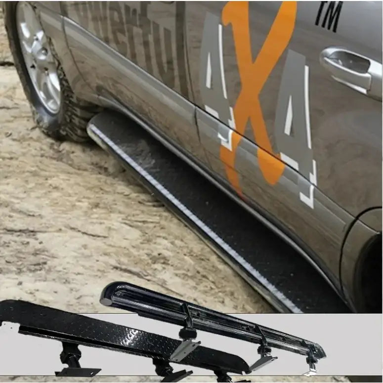 Black rockarmor steel rockslider checker plate step for toyota landcruiser fj100 series ifs 1998-2007 shown from back side