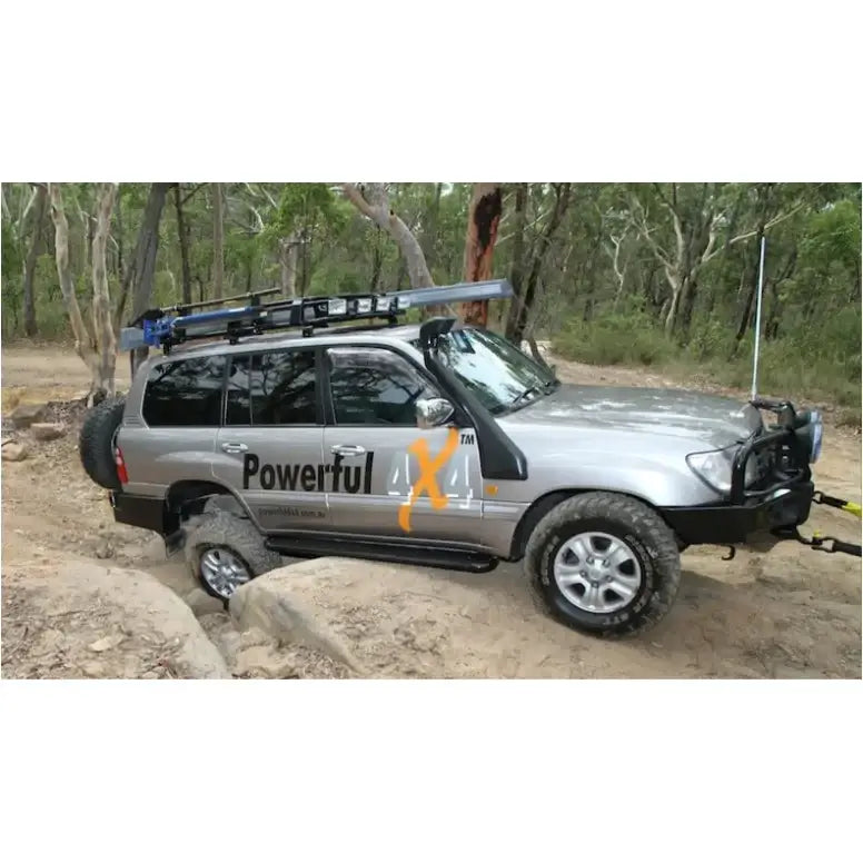 Silver rockarmor steel rockslider checker plate step for Toyota Landcruiser FJ100 series 1998-2007 shown from back side