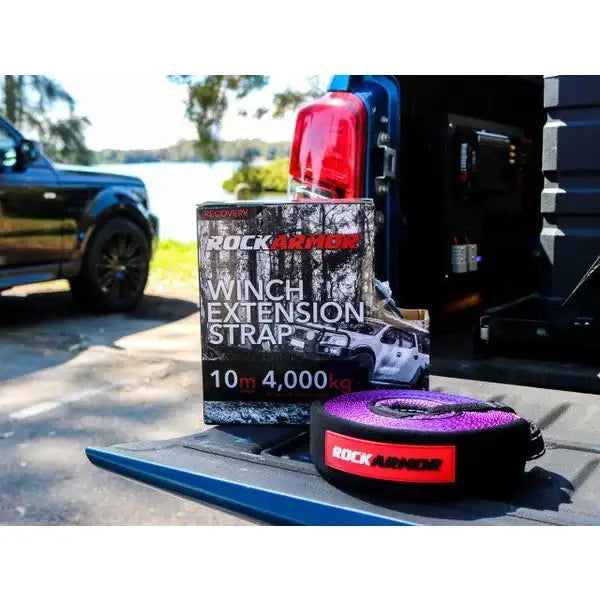 Rockarmor winch extension strap 10m 4000kg with durable orange synthetic material and branded packaging