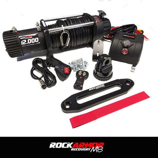 ROCKARMOR 12,000lbs 4x4 BULLBAR WINCH WITH SYNTHETIC ROPE & WIRELESS REMOTE