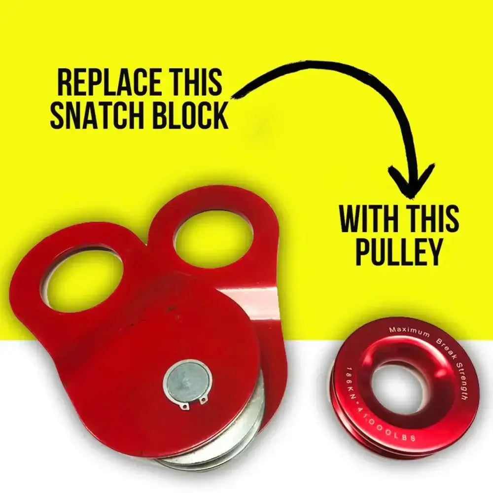 Red rockarmor 18t soft shackle synthetic rope pulley featuring a durable snatch block and pulley design