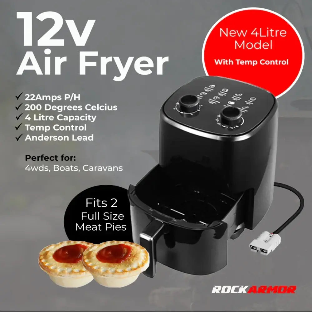 Black rockarmor 12-volt 4l air fryer designed for perfectly cooked meals during camp cooking and vehicle use