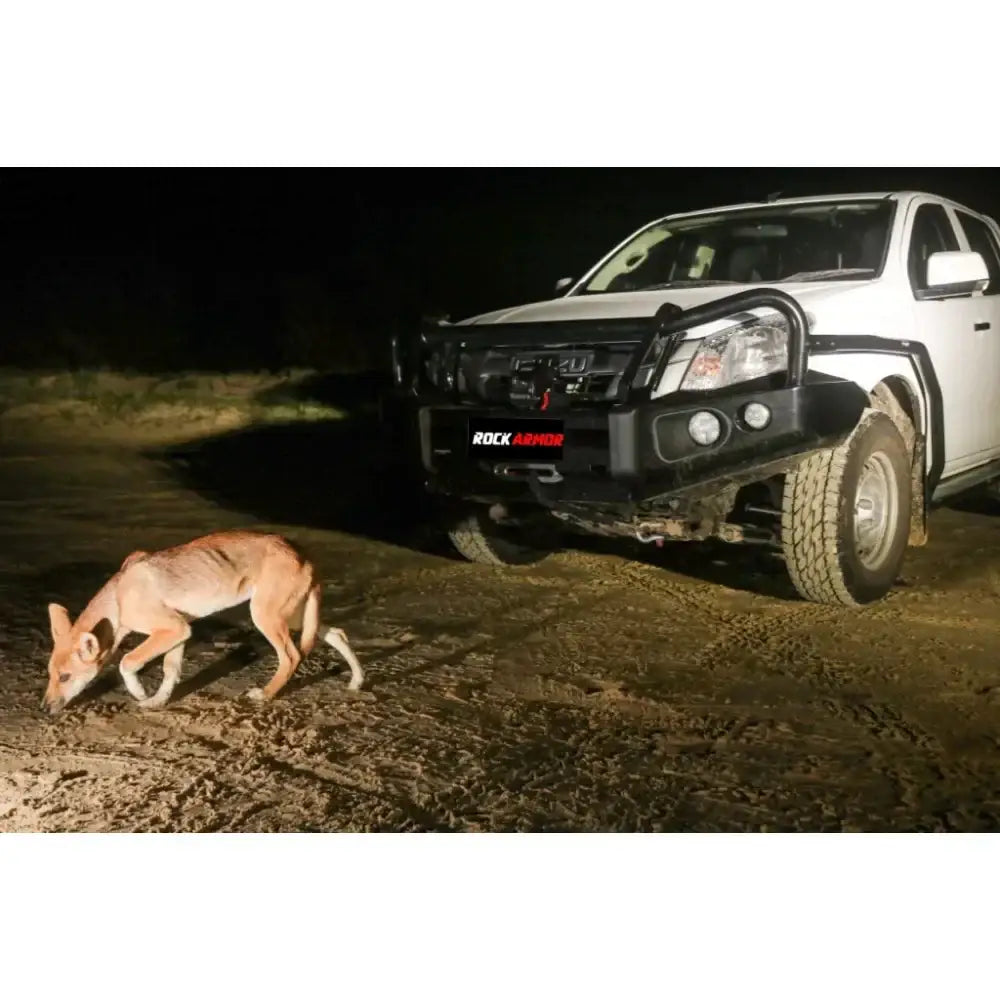 White isuzu dmax truck featuring a black rockarmor brushbar bull bar for protection and off-road use