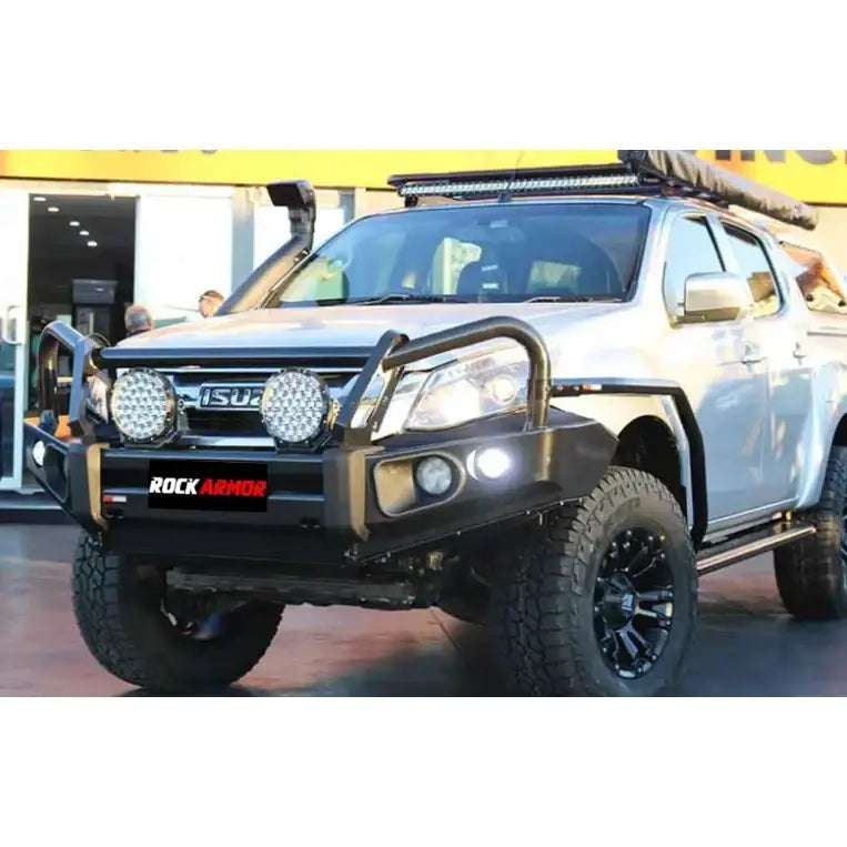 Silver isuzu dmax pickup truck fitted with rockarmor brushbar off-road bull bar for enhanced front-end protection