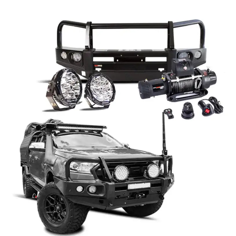 Rockarmor elite bullbar frontal combo in black steel with synthetic winch rope for ford ranger 2005-2020 px1 and 2