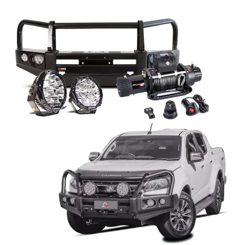 Rockarmor elite bullbar frontal combo in matte black steel with synthetic winch rope for holden colorado 2012-2020