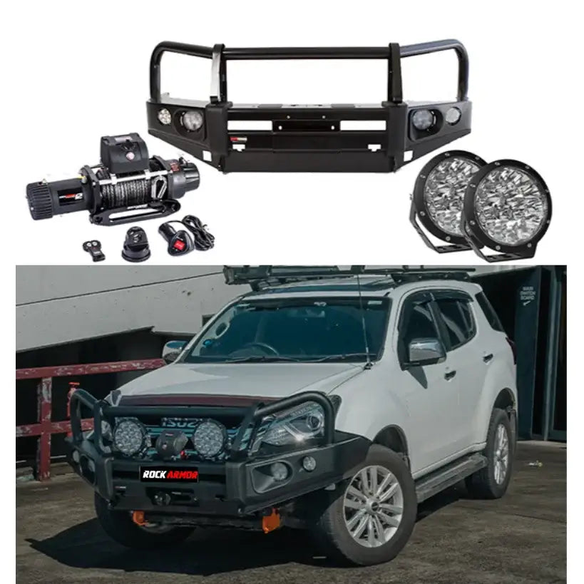 Front view of beige Rockarmor Elite Bullbar frontal combo with synthetic winch rope and driving lights for Isuzu Mu-X