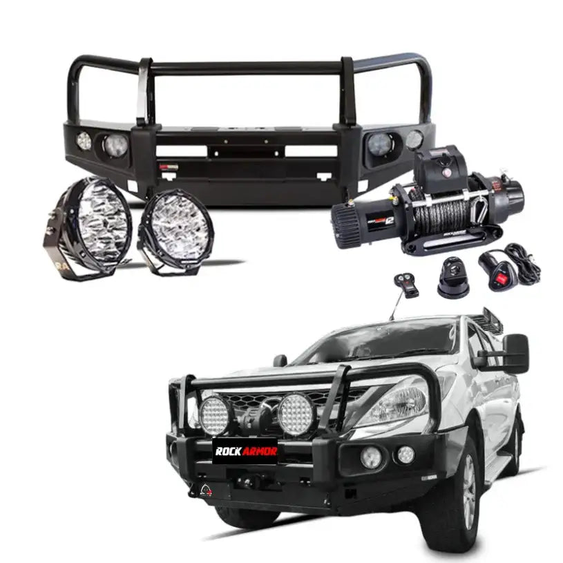 Rockarmor elite bullbar frontal combo in black steel with synthetic winch rope to suit Mazda BT-50 2012-2019