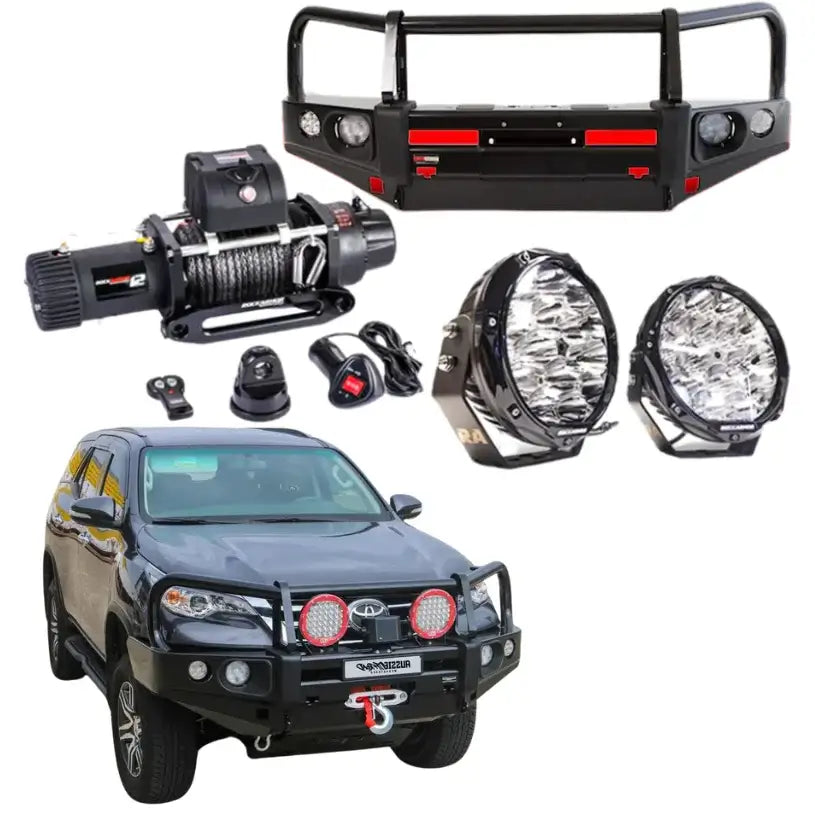 Rockarmor elite bullbar frontal combo in black steel with synthetic winch rope for Toyota Fortuner 2015-2019 off-road use
