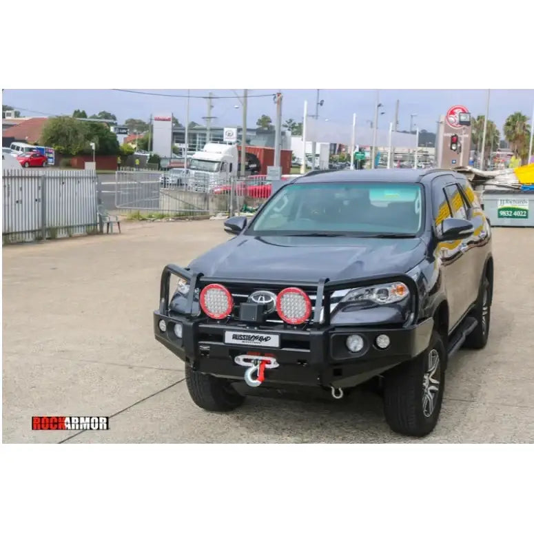 Black Toyota Fortuner 2015-2019 with rockarmor elite bullbar and aftermarket synthetic winch rope bumper in black