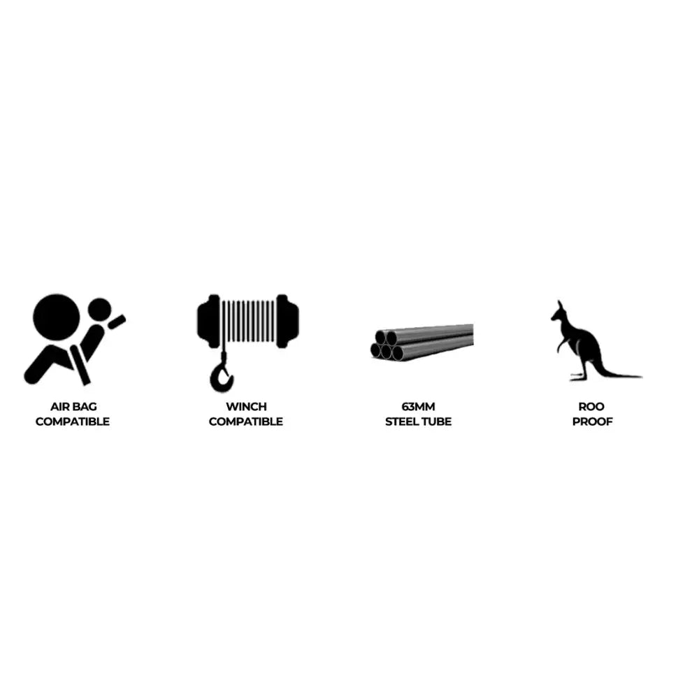 Four icons illustrating key features of the black steel Rockarmor Elite Bullbar with synthetic winch rope for Toyota Hilux