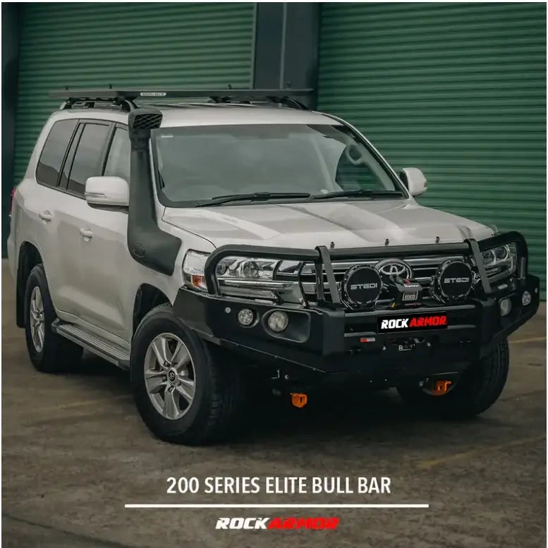 Silver toyota landcruiser 200 series with black rockarmor elite bullbar and synthetic winch rope frontal combo