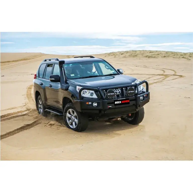 Black toyota prado 150 with rockarmor elite bullbar frontal combo featuring synthetic winch rope for off-road protection