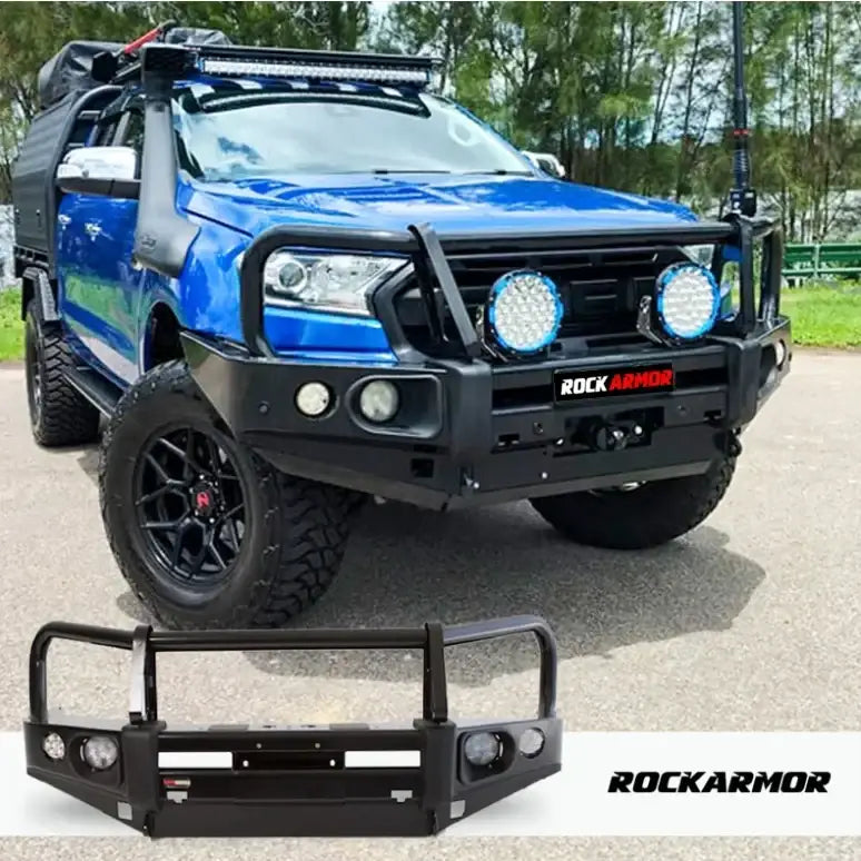 Blue ford ranger px1-2 with rockarmor elite steel bull bar featuring a black bumper cut hoop design