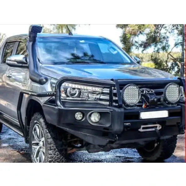 Modified silver toyota hilux n80 with rockarmor elite steel full bar replacement elite bull bar installed