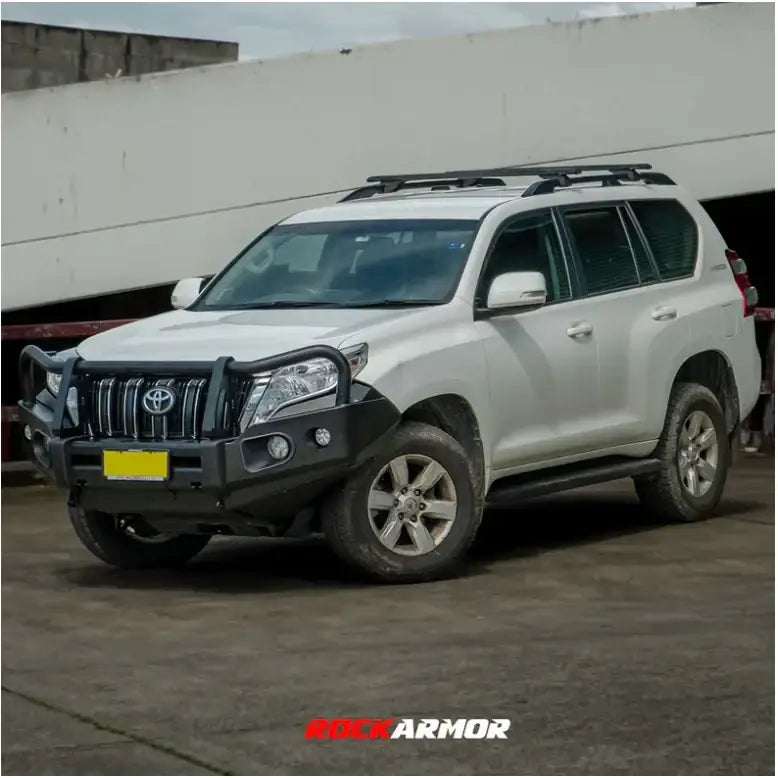 White toyota prado fj150 suv with black rockarmor elite steel bull bar replacement and roof rack full bar replacement