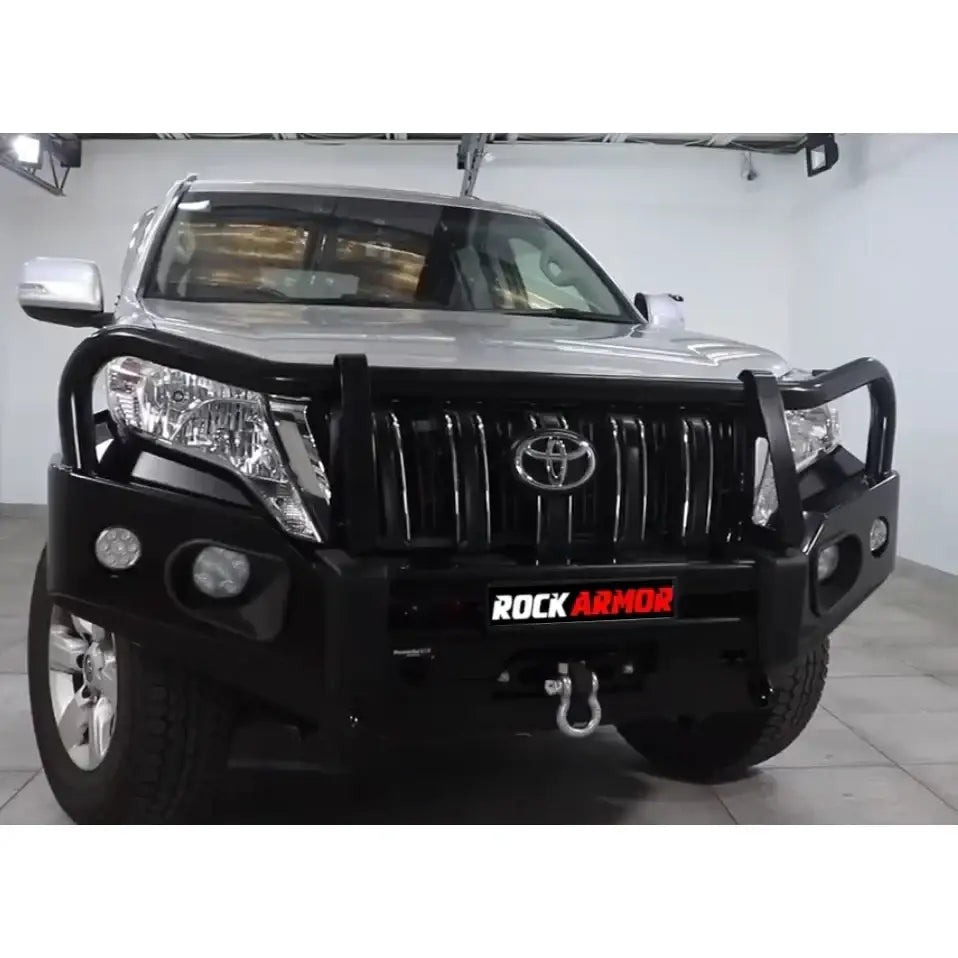Silver toyota prado fj150 with black rockarmor elite steel bull bar replacement for full front protection