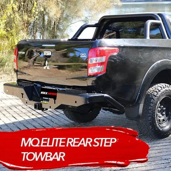 Black pickup truck rear view featuring rockarmor elite steel rear step tow bar for mitsubishi triton mq 2015-2018