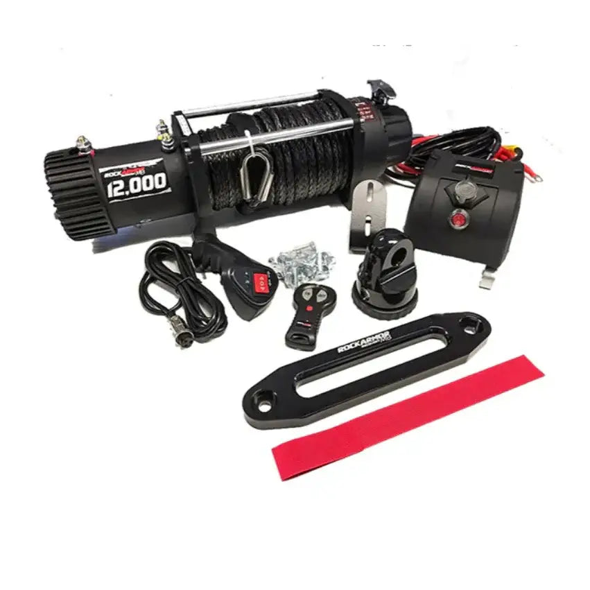 Black electric winch with synthetic winch rope and accessories for rockarmor gt hoop bullbar combo pack mitsubishi mv triton 2024