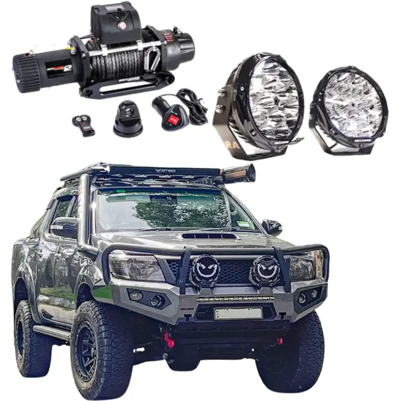Rockarmor gt hoop bullbar combo pack in black steel for toyota hilux n70 2012-2015 with synthetic winch rope option