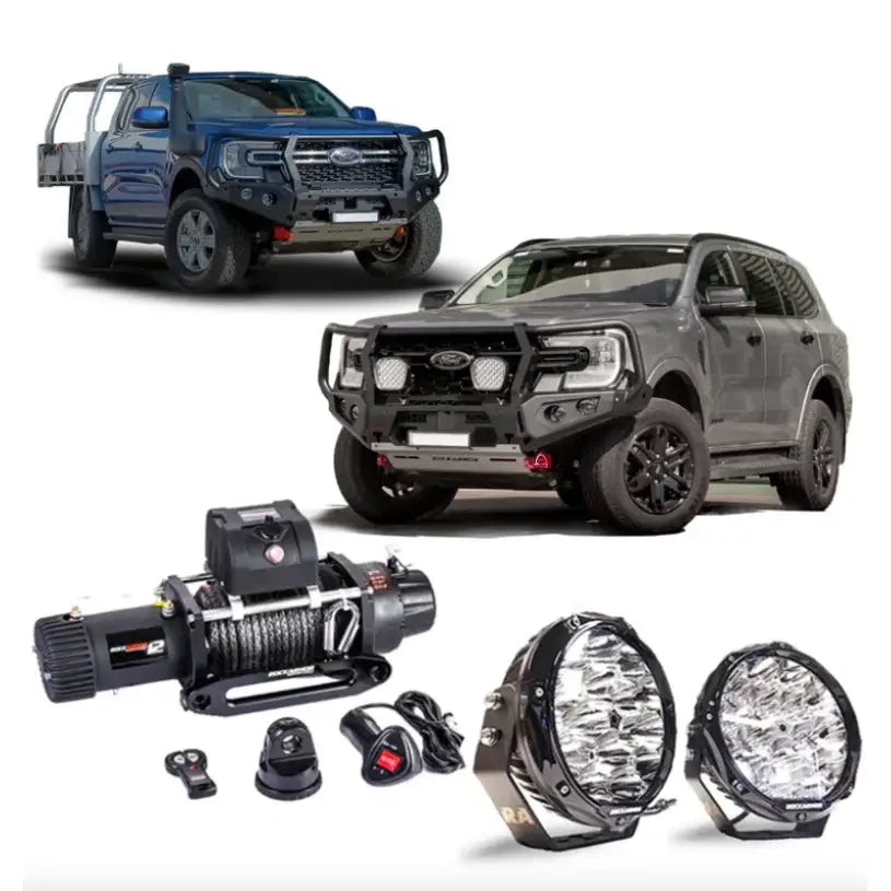 Rockarmor gt steel hoop bullbar combo pack in black steel designed for ford everest 2015+ off-road protection