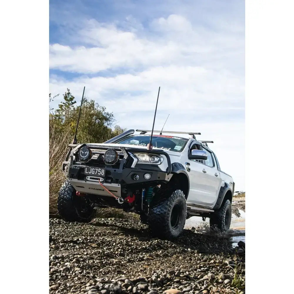 White off-road Ford Ranger PX2 pickup with rockarmor GT steel hoop bullbar and synthetic winch rope combo pack