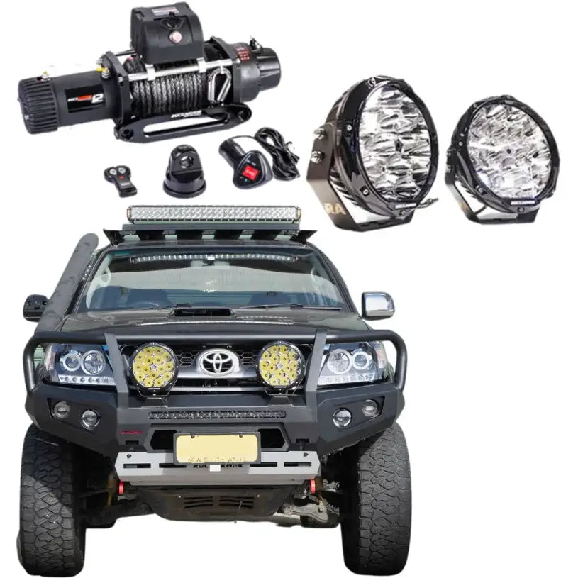 Off-road rockarmor gt steel hoop bullbar combo pack in black for toyota hilux n70 2005-2011 shown from back side