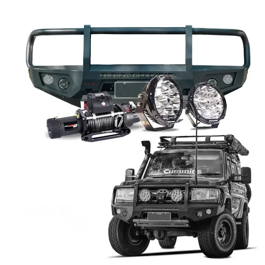 Rockarmor gt steel hoop bullbar combo pack in black steel for toyota landcruiser 76 78 79 2007-2023 full bar replacement