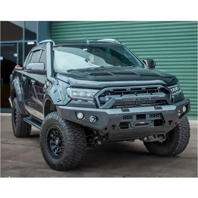 Black modified Ford Ranger PX2 with rockarmor gt steel hoopless bullbar combo featuring synthetic winch rope installation