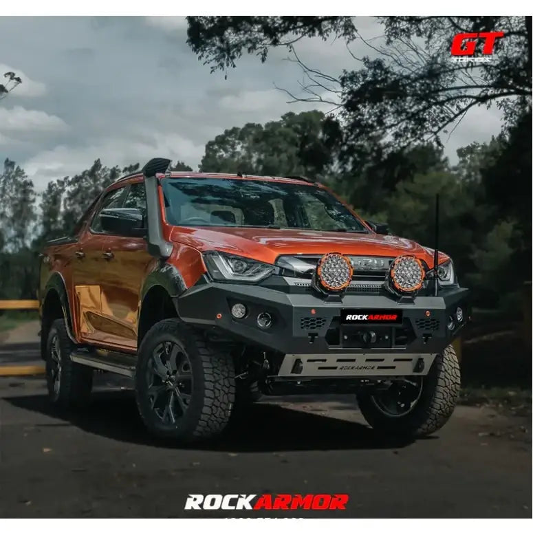 Orange mazda bt50 pickup truck equipped with rockarmor gt steel hoopless bullbar combo pack and aftermarket bumper
