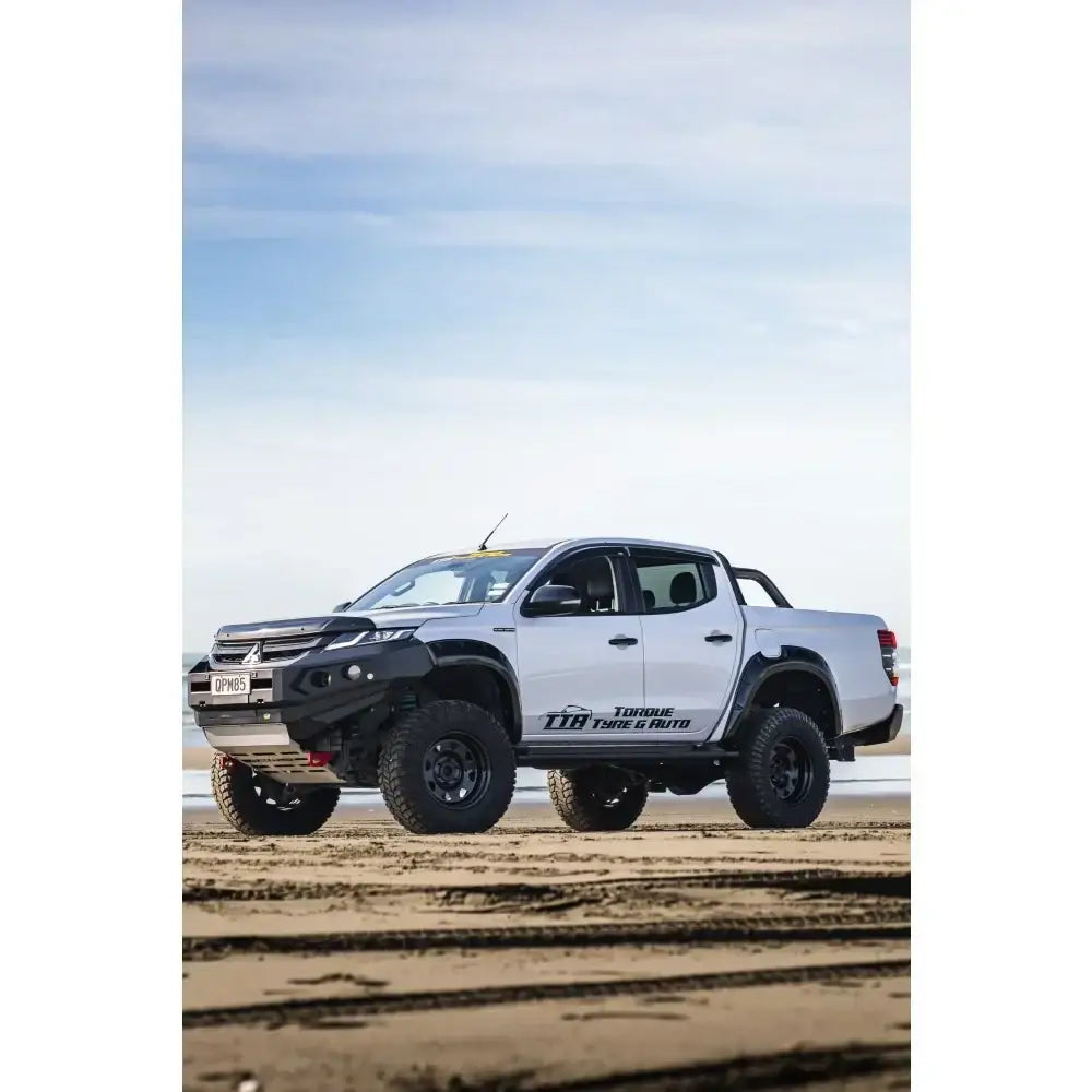 White mitsubishi mr triton with rockarmor gt steel hoopless bullbar combo pack featuring synthetic winch rope