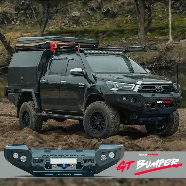 Black toyota hilux equipped with rockarmor gt steel hoopless bullbar combo pack and synthetic winch rope
